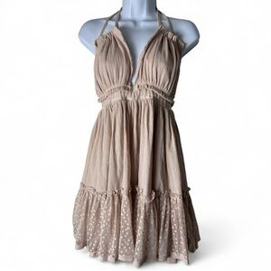 Sweet Lovely by Jen – Women's Halter Swiss Dot Ruffle Mini Dress taupe NWT Sz. L